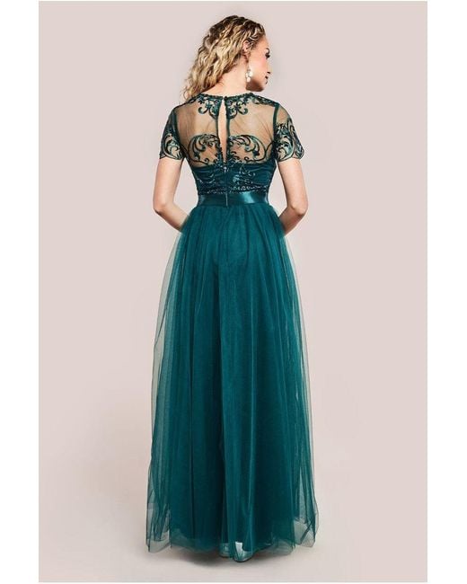 Goddiva Green Embroidered Mesh Maxi Dress