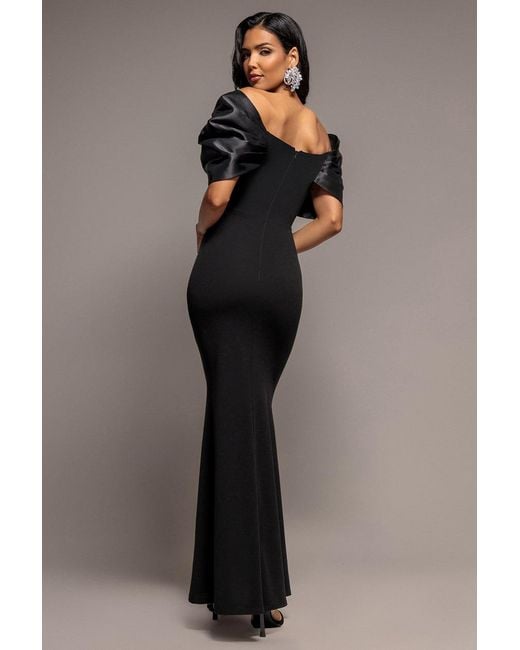 Goddiva Black Satin Plunge Neck Bardot Scuba Maxi Dress