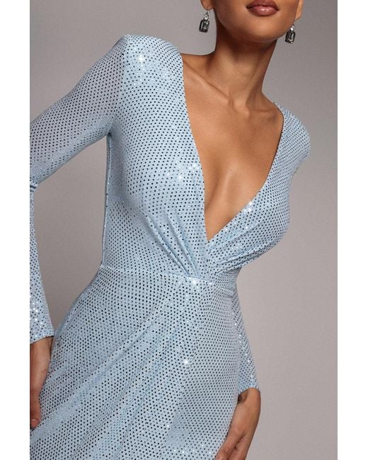 Goddiva Blue Sequined Lurex Long Sleeve Wrap Midi Dress