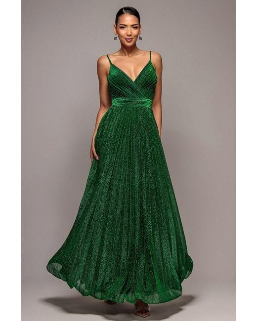 Goddiva Green Sleeveless Pleated A Line Lurex Maxi Dress