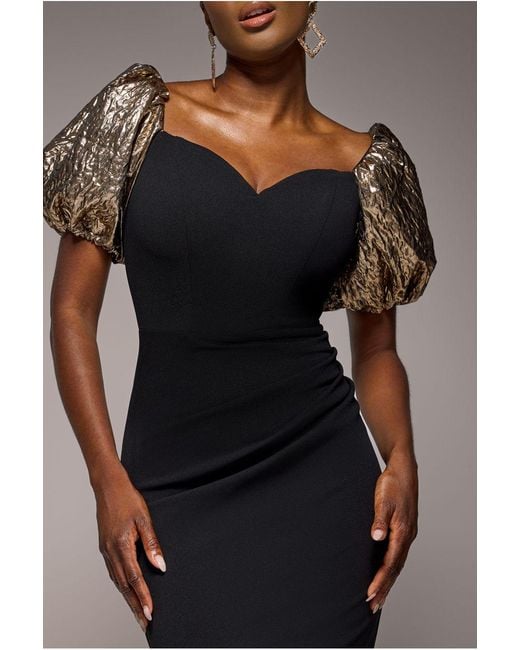 Goddiva Natural Jacquard Puff Sleeve Sweetheart Scuba Maxi Dress