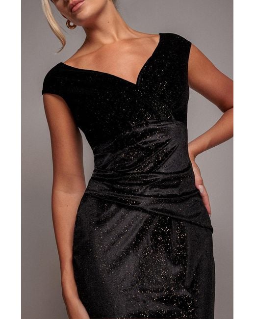 Goddiva Black Shimmer Velvet Bardot Maxi Dress