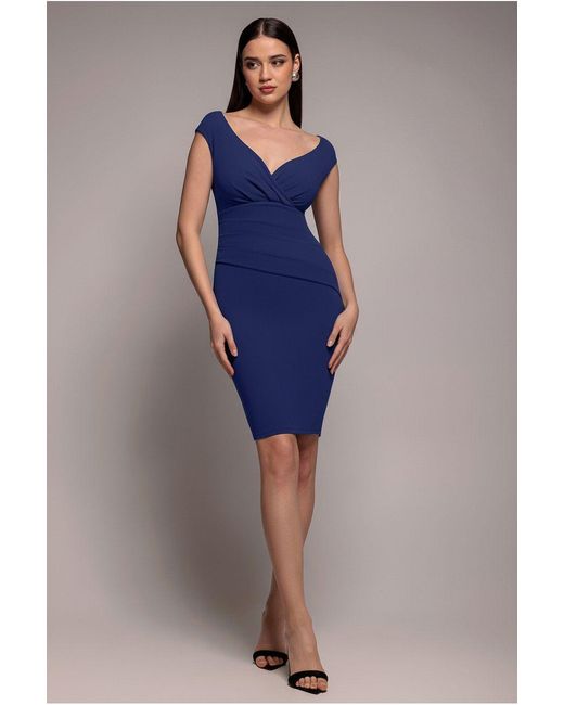 Goddiva Blue Bardot Pleated Midi Dress