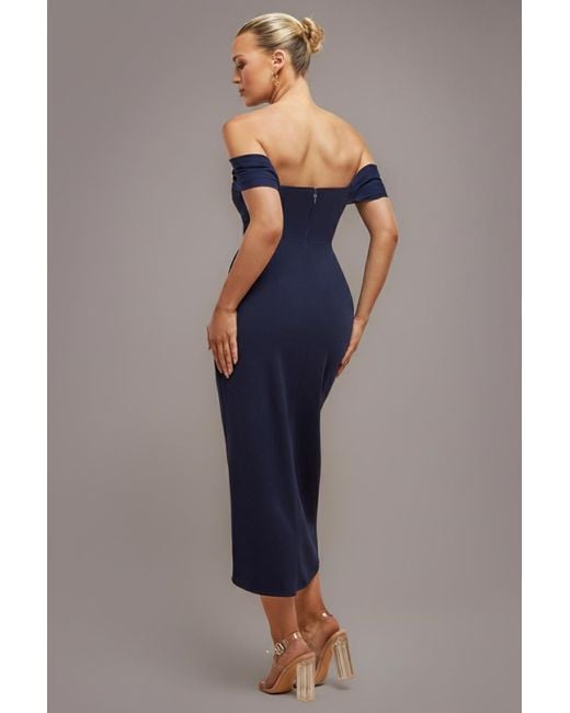Goddiva Blue Off The Shoulder Chiffon Wing Scuba Crepe Midi Dress