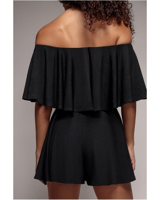 Goddiva Black Off The Shoulder Frill Neck Skater Playsuit