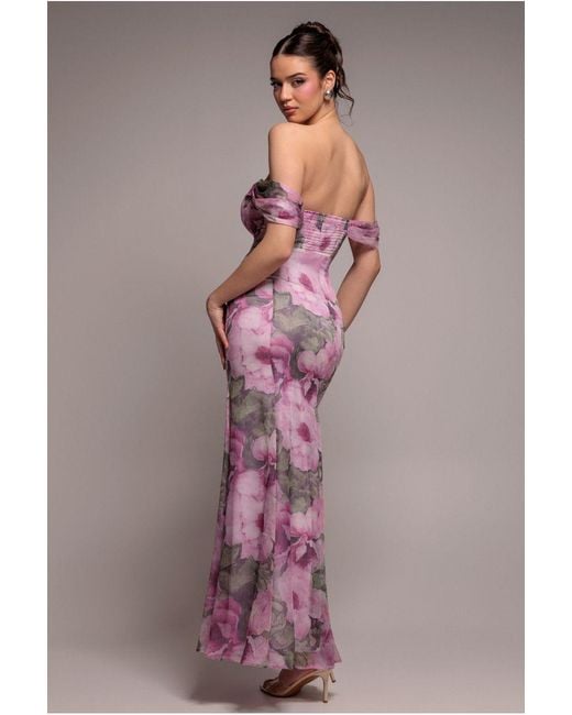 Goddiva Pink Cowl Neck Floral Print Jacquard Chiffon Maxi Dress