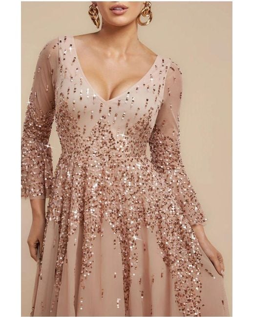 Goddiva Natural Sunray Hand Embellished Sequin A-Line Bell Sleeve Maxi Dress