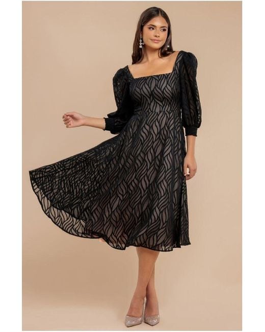 Goddiva Blue Puff Sleeve Side Slit Flared Jacquard Chiffon Midi Dress