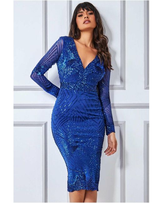 Goddiva Scalloped Hem Starburst Midi Dress in Blue | Lyst