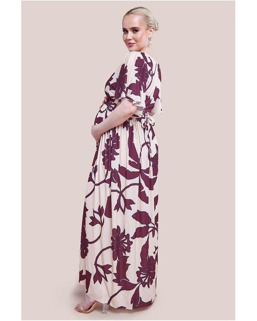 Goddiva Pink Maternity Leaf Print Flutter Sleeve Maxi Dress