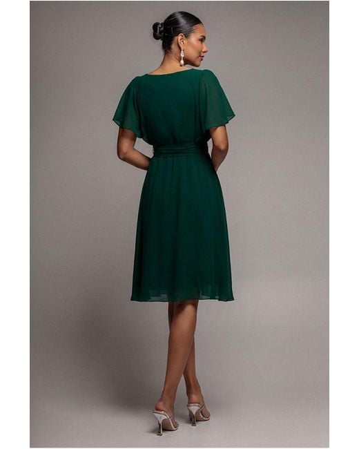 Goddiva Green Chiffon Flutter Sleeve Wrap Midi Dress