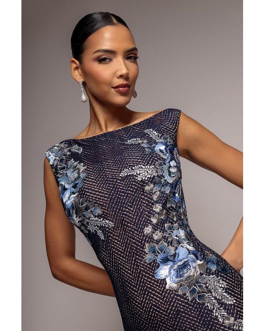 Goddiva Blue Floral Embroidery Asymmetric Lace Midi Dress