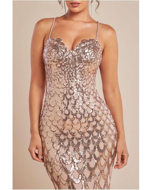 Goddiva Natural Diamante Strap Fish Scale Sequin Maxi Dress