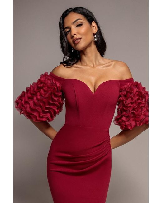 Goddiva Pink Off The Shoulder 3D Puffed Sleeve Sweetheart Maxi Dress