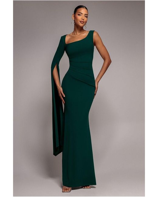Goddiva Green One Shoulder Cape Sleeve Maxi Dress
