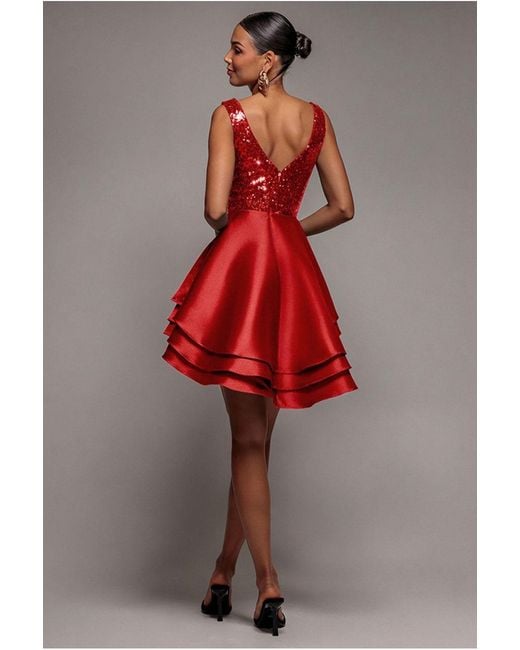 Goddiva Sequin And Satin Tiered Hi-Low Mini Skater Dress