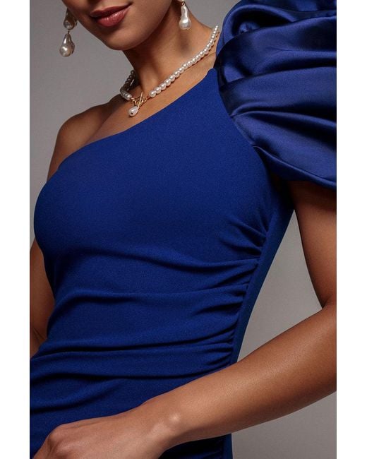 Goddiva Blue One Shoulder Puffed Satin Sleeve Evening Maxi Dress