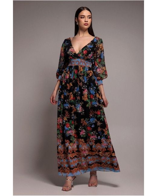 Goddiva Green Chiffon Wrap Border Floral Print Maxi Dress