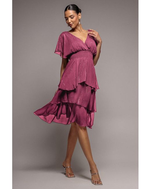 Goddiva Pink Chiffon Layered Flutter Sleeve Midi Dress