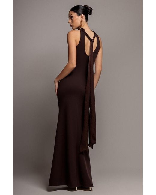Goddiva Brown Scuba & Velvet Satin Halterneck Maxi Dress With Back Sash