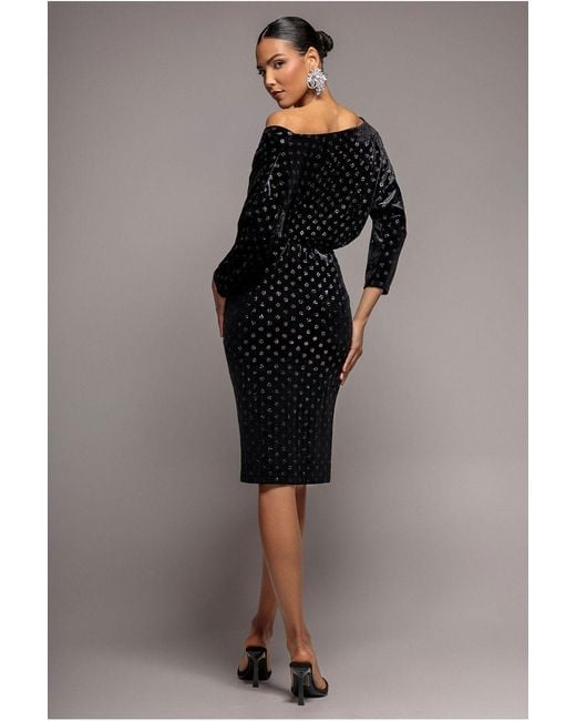 Goddiva Black Glitter Velvet Cowl Neck Sheath Midi Dress