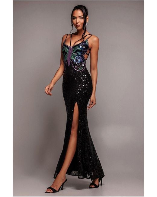 Goddiva Blue Sequin Butterfly Front Split Maxi Dress