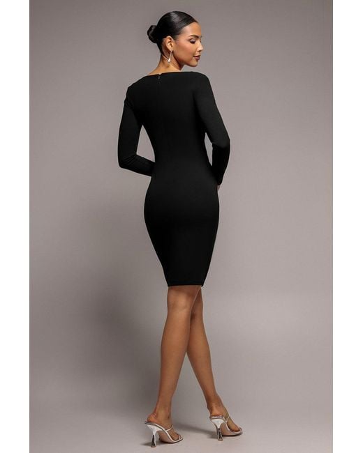 Goddiva Black Scuba Crepe Side Neck Bodycon Midi Dress