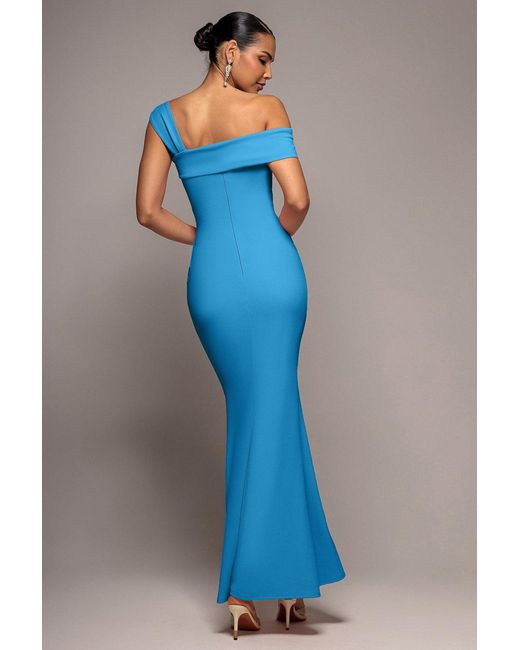 Goddiva Blue Off The Shoulder Pleated Waist Maxi Dress