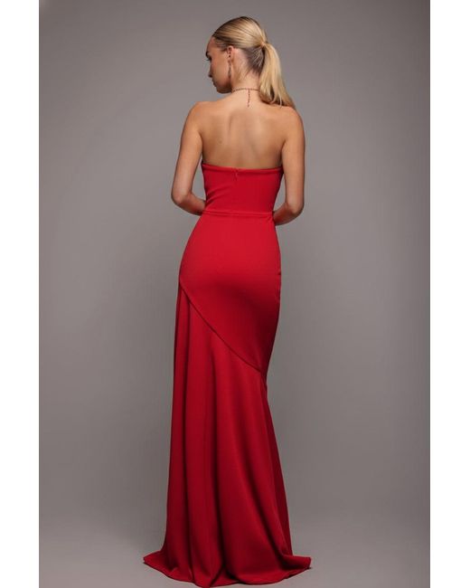 Goddiva Red Scuba Crepe Bandeau Maxi With Diamante Necklace