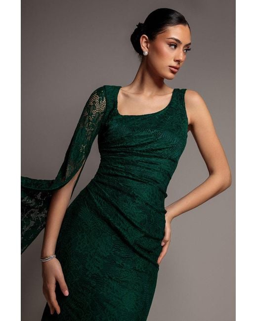 Goddiva Green One Shoulder Cape Sleeve Pleated Lace Maxi Dress
