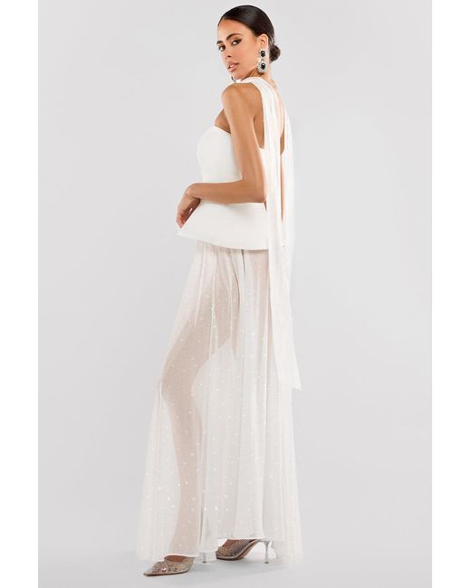 Goddiva Natural Scuba Boobtube Peplum Corset With Gathered A-Line Glitter Chiffon Maxi Skirt & Scarf