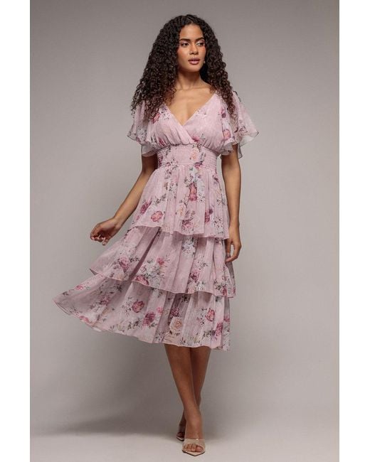 Goddiva Pink Layered Floral Midi With Flutter Sleeves