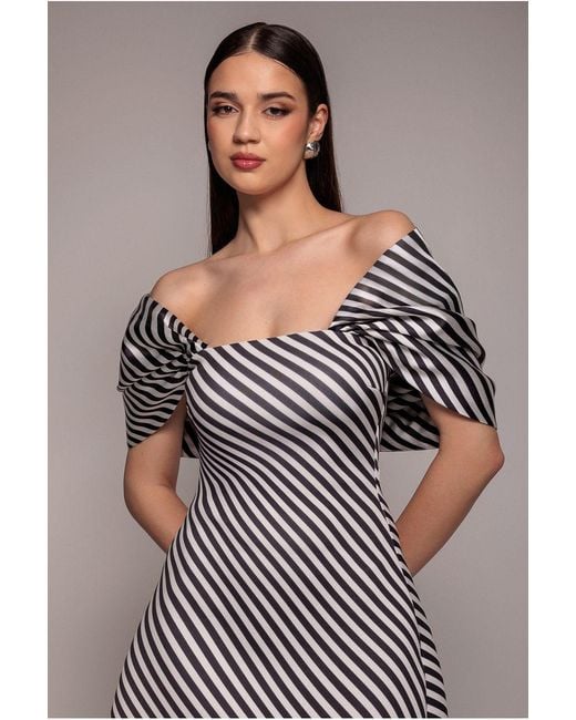 Goddiva Gray Stripe Off Shoulder Bow Back Satin Bow Mini Dress