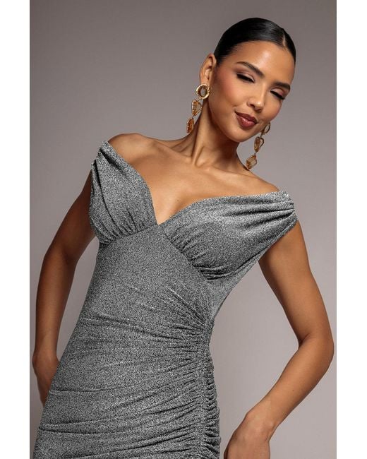 Goddiva Gray Off The Shoulder Drawstring Side Midi Dress