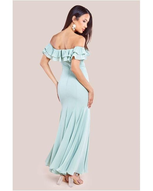 Goddiva Blue Frilled Off The Shoulder Pleated Chiffon Maxi Dress