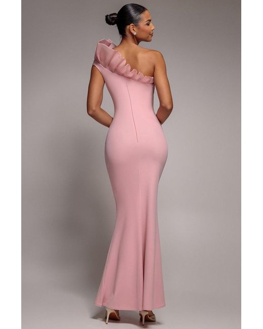 Goddiva Brown One Shoulder Organza Frill Pleated Mermaid Maxi Dress
