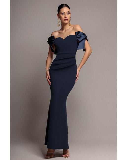 Goddiva Blue Satin Bow Bardot Sheath Maxi Dress