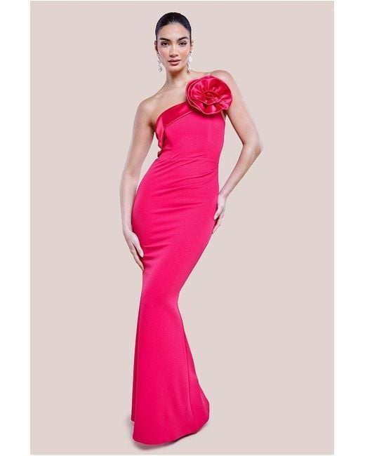 Goddiva Pink Satin Corsage Scuba Crepe Maxi Dress