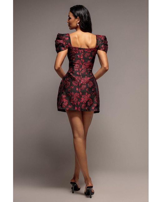 Goddiva Brown Plunging Neck Pleated Sleeve Jacquard Mini Dress