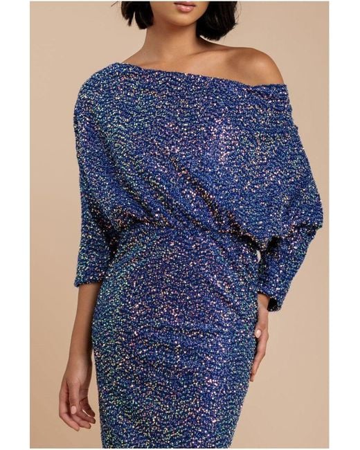 Goddiva Blue Sequin Cowl Neck Midi Dress