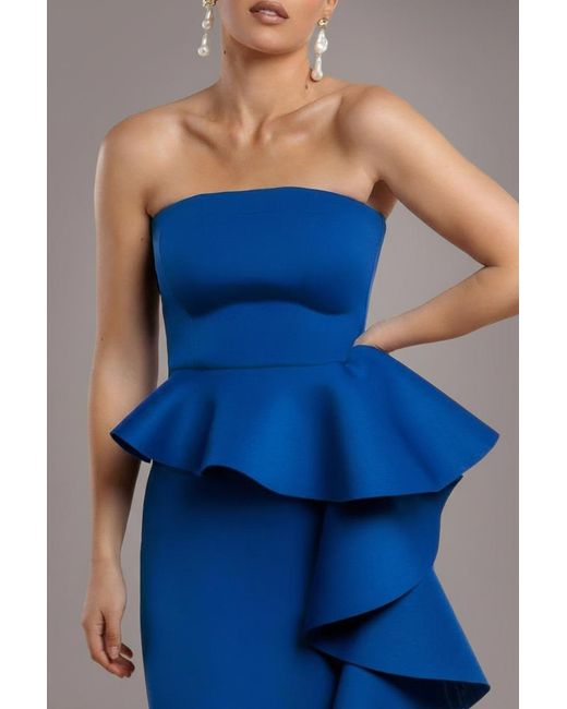 Goddiva Blue Boobtube Peplum Waterfall Frill Maxi Dress