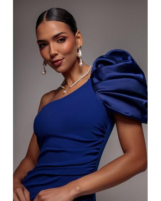 Goddiva Blue One Shoulder Puffed Satin Sleeve Evening Maxi Dress