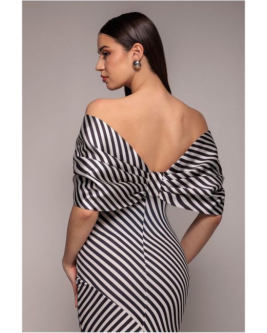 Goddiva Gray Stripe Off Shoulder Bow Back Satin Bow Maxi Dress