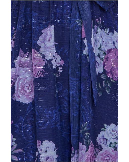 Goddiva Blue Printed Lurex A Line Flutter Sleeve Midi Dress