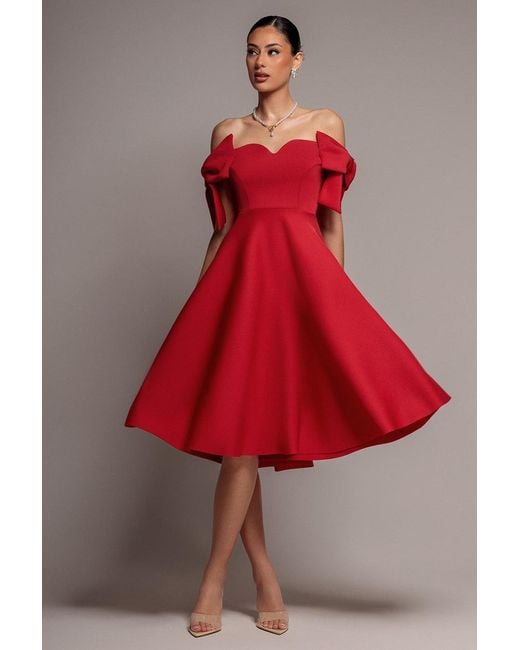 Goddiva Red Bardot Plunge Neck Bow Sleeve A Line Midi Dress