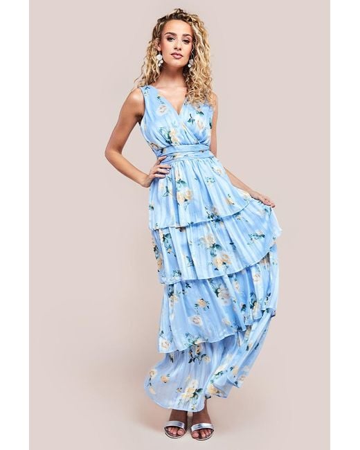 Goddiva Tiered Chiffon Floral Maxi Dress in Blue Lyst UK