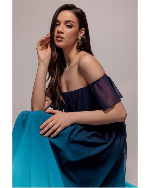 Goddiva Blue Ombre Chiffon Bardot Frill A-Line Maxi Dress