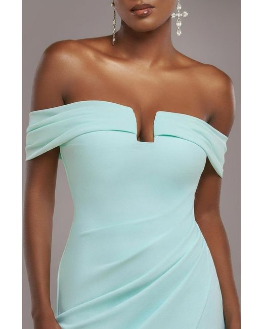 Goddiva Blue Off The Shoulder Chiffon Wing Scuba Crepe Midi Dress