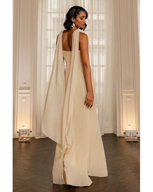 Goddiva Natural Cross Front Scarf Back Chiffon Mermaid Maxi Dress