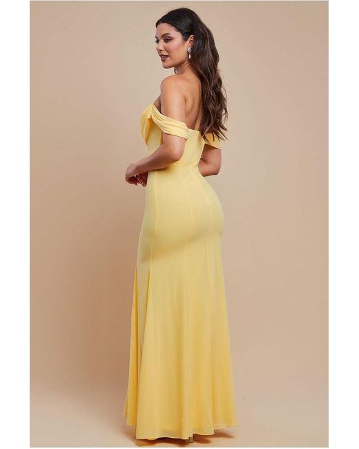 Goddiva Yellow Chiffon Bardot Cowl Neck Maxi Dress